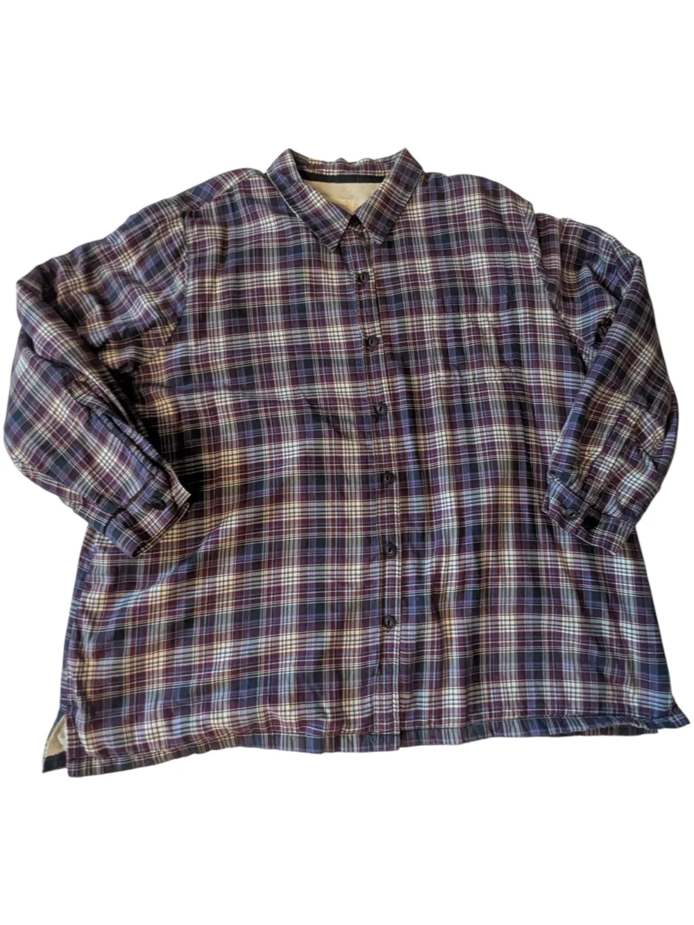 L.L. Bean Purple Plaid Sherpa Fleece Lined Flannel LS Button Front Shacket